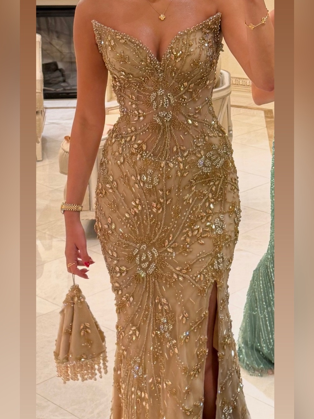 Strapless Gold Embellished Evening Gown - Elegant Formal Dress